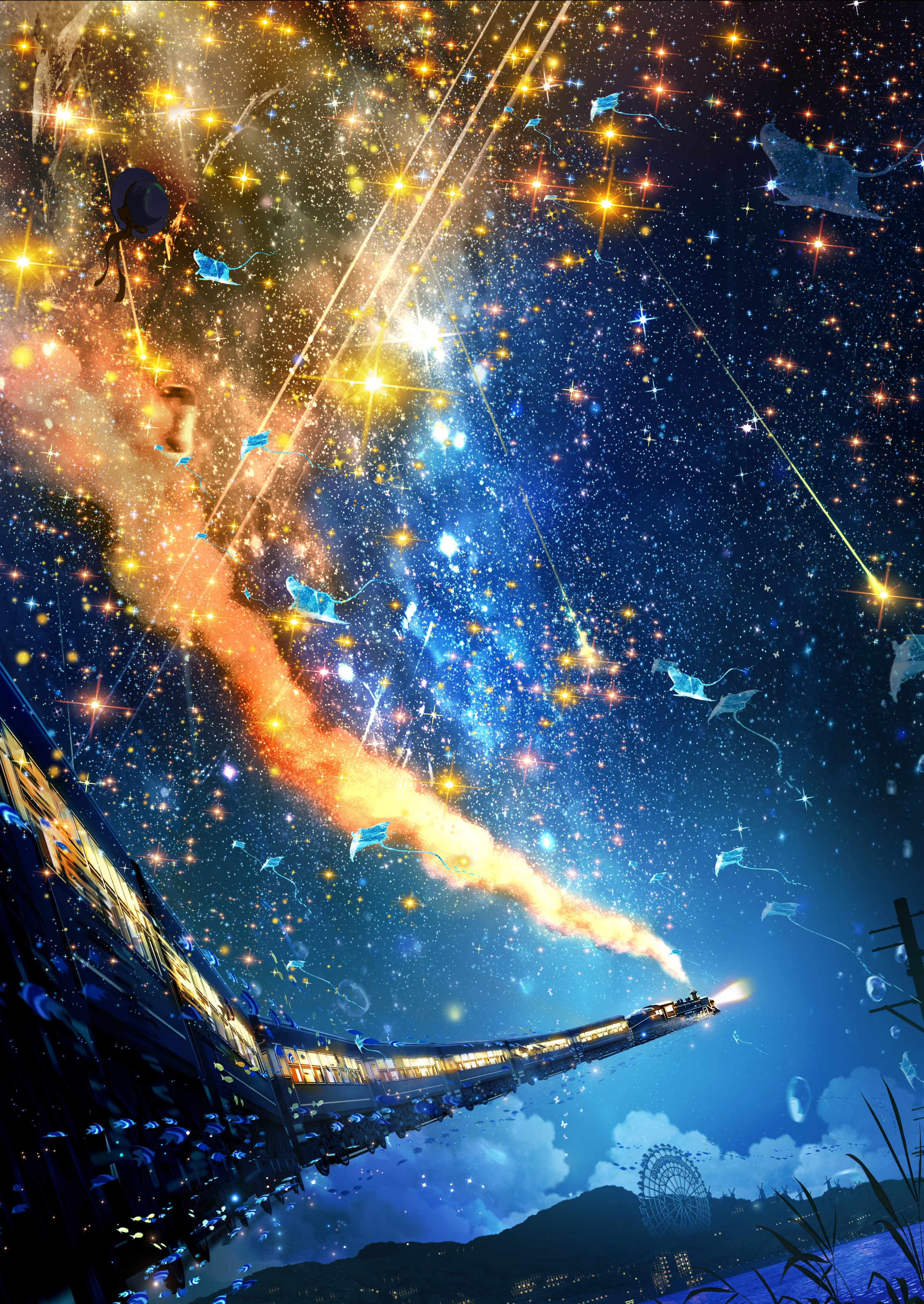 makoron117117, original, absurdres, highres, bridge, building, city lights, cloud, constellation, fantasy, ferris wheel, fish, grass, hill, lamppost, meteor shower, milky way, mountain, night, night sky, no humans, outdoors, power lines, railroad tracks, scenery, sky, star (sky), starry sky, surreal, train, whale