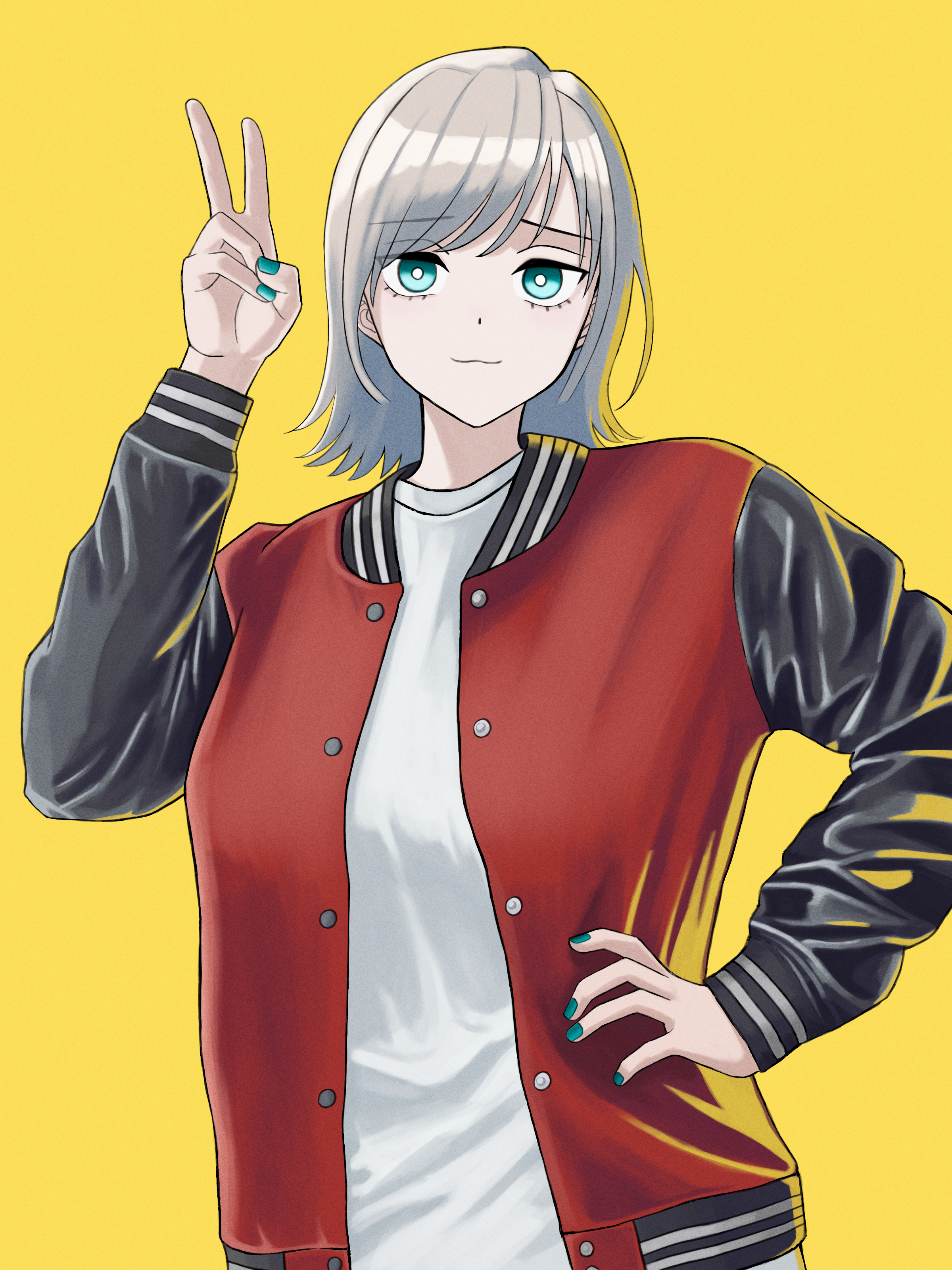 asada asahi, original, absurdres, commentary request, highres, 1girl, :3, aqua eyes, aqua nails, black sleeves, breasts, bright pupils, closed mouth, dot nose, grey hair, hand on own hip, hand up, jacket, long sleeves, looking at viewer, medium hair, multicolored jacket, red jacket, shirt, simple background, small breasts, solo, two-tone jacket, upper body, v, white pupils, white shirt, yellow background