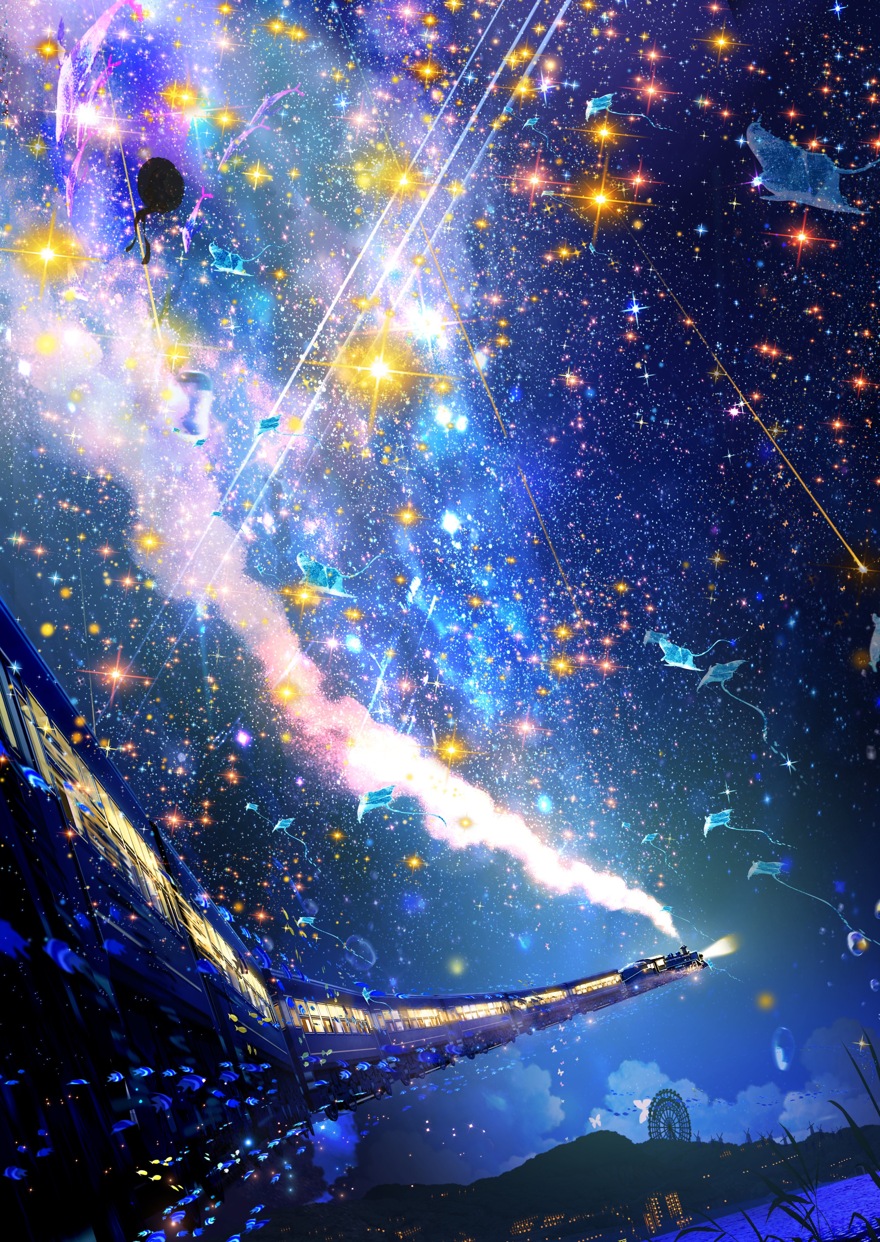 makoron117117, original, absurdres, highres, bridge, building, city lights, cloud, constellation, fantasy, ferris wheel, fish, grass, hill, lamppost, meteor shower, milky way, mountain, night, night sky, no humans, outdoors, power lines, railroad tracks, scenery, sky, star (sky), starry sky, surreal, train, whale