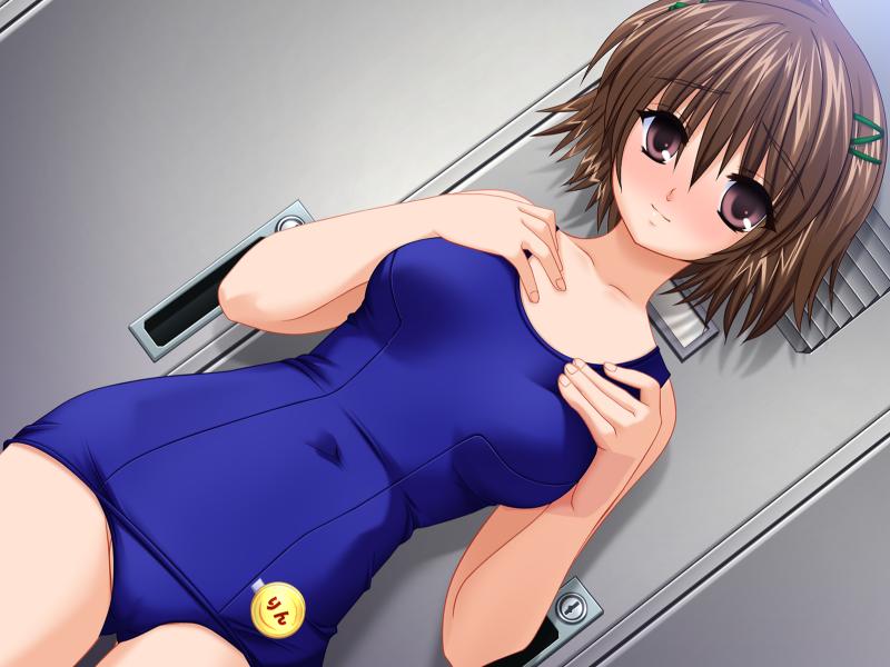 karyuu kagehisa, inou rin, summer radish vacation, game cg, non-web source, 1girl, brown eyes, brown hair, dutch angle, female focus, lapel pin, locker, locker room, one-piece swimsuit, pin, school swimsuit, short hair, solo, swimsuit