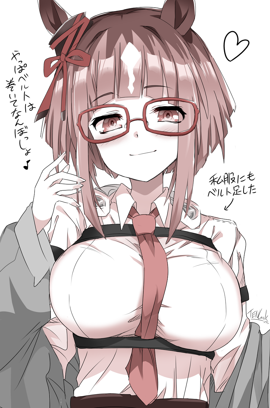 kugimiya atsuki, transcend (casual) (umamusume), transcend (umamusume), umamusume, commentary request, highres, translation request, 1girl, animal ears, artist name, blush, bow, breasts, brown hair, brown ribbon, chest harness, closed mouth, ear ribbon, glasses, glasses day, grey jacket, hand up, harness, headphones, headphones around neck, heart, horse ears, horse girl, jacket, large breasts, looking at viewer, medium hair, necktie, off shoulder, red-framed eyewear, red eyes, red necktie, ribbon, simple background, smile, solo, upper body, white background