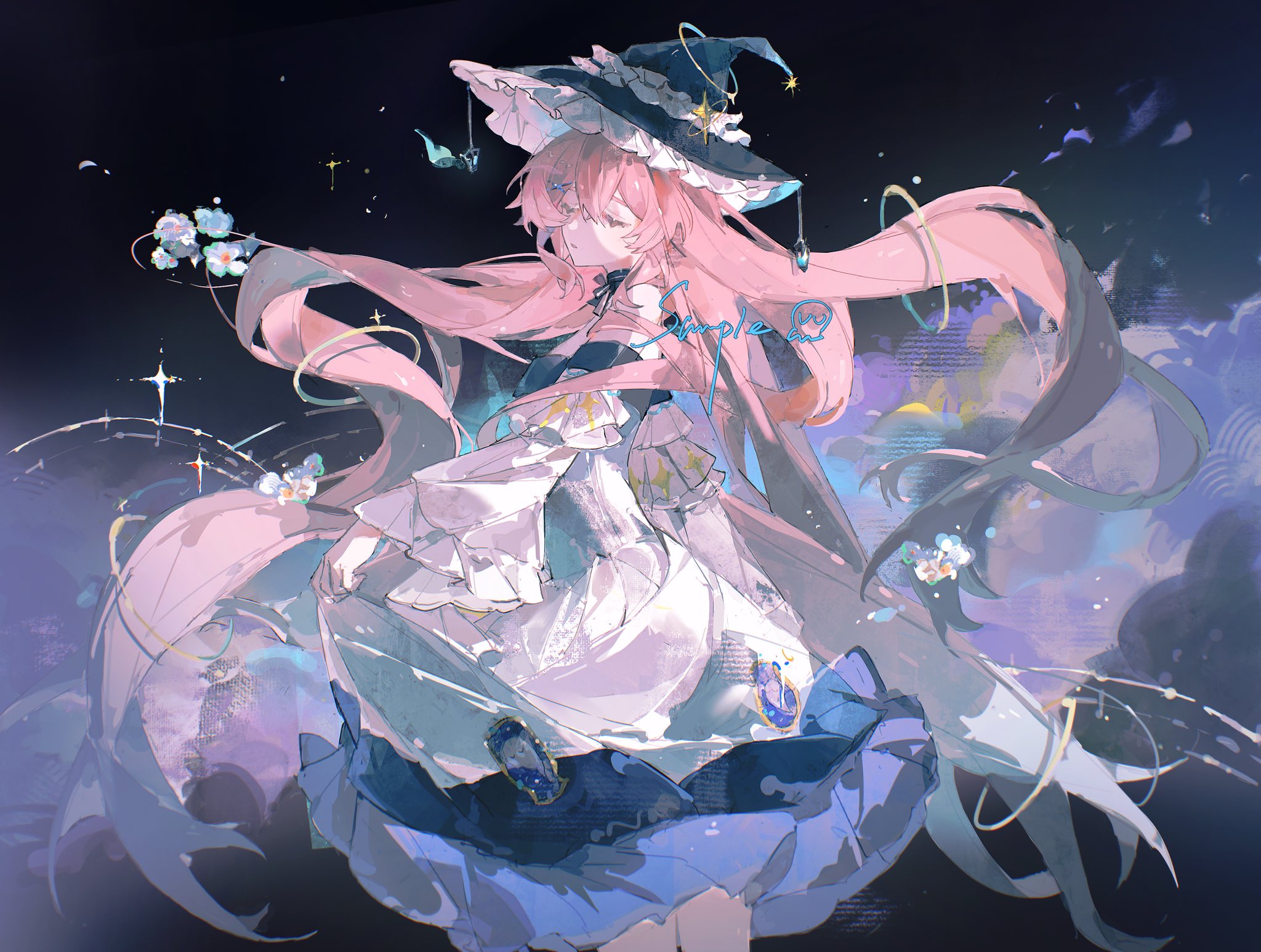 eliza 804, original, commission, highres, 1girl, closed eyes, closed mouth, cowboy shot, dress, floating hair, flower, frilled dress, frilled hat, frills, hair ornament, hat, long hair, long sleeves, pink hair, sample watermark, skirt hold, solo, two-tone dress, very long hair, watermark, white dress, white flower, witch hat
