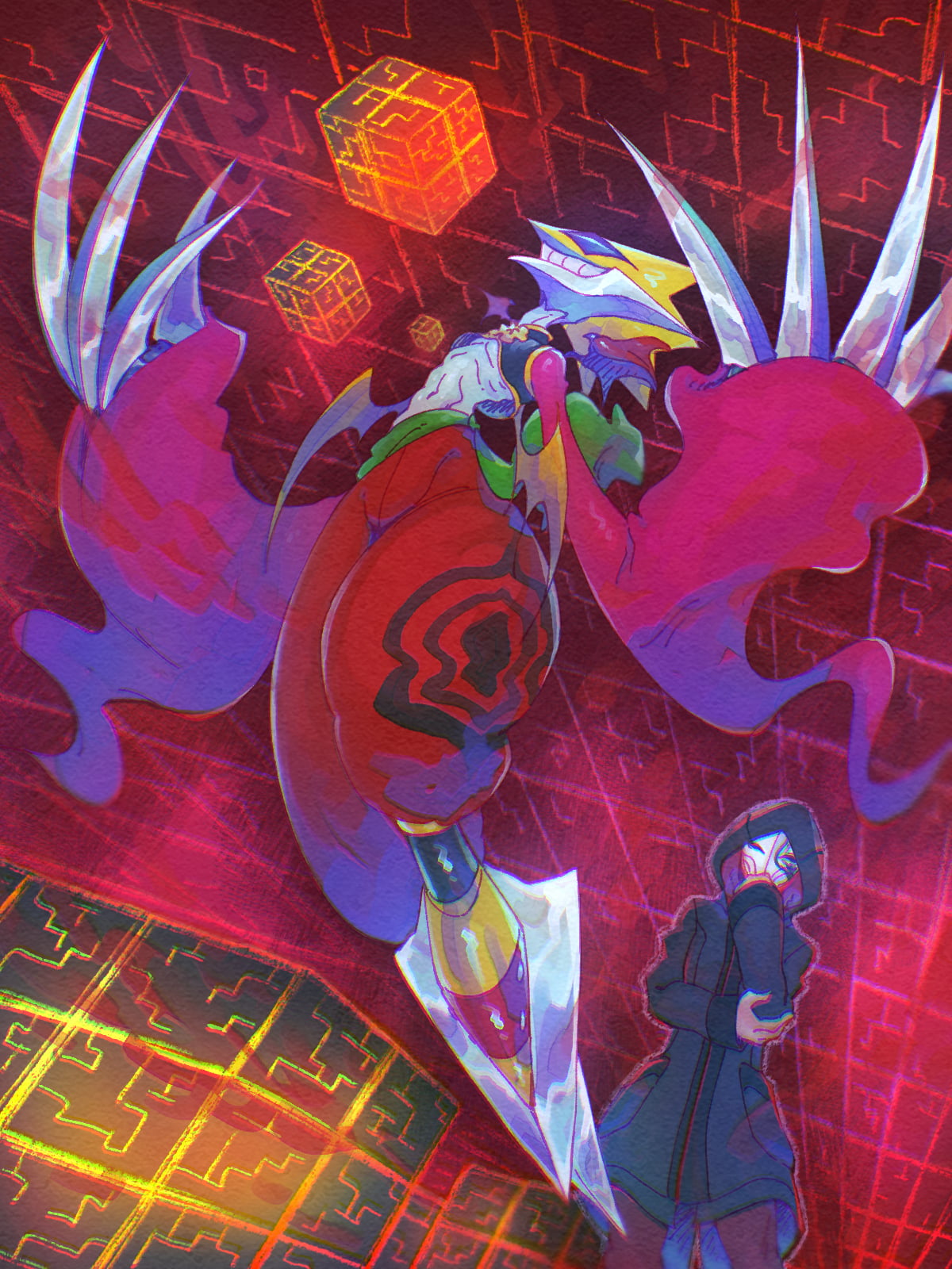hoisotsu01, k (digimon), matadrmon, digimon, digimon story: cyber sleuth, digimon story: cyber sleuth – hacker's memory, highres, 2boys, black coat, blue skin, claws, coat, colored skin, digimon (creature), hood, hood up, hooded coat, male focus, mask, multiple boys