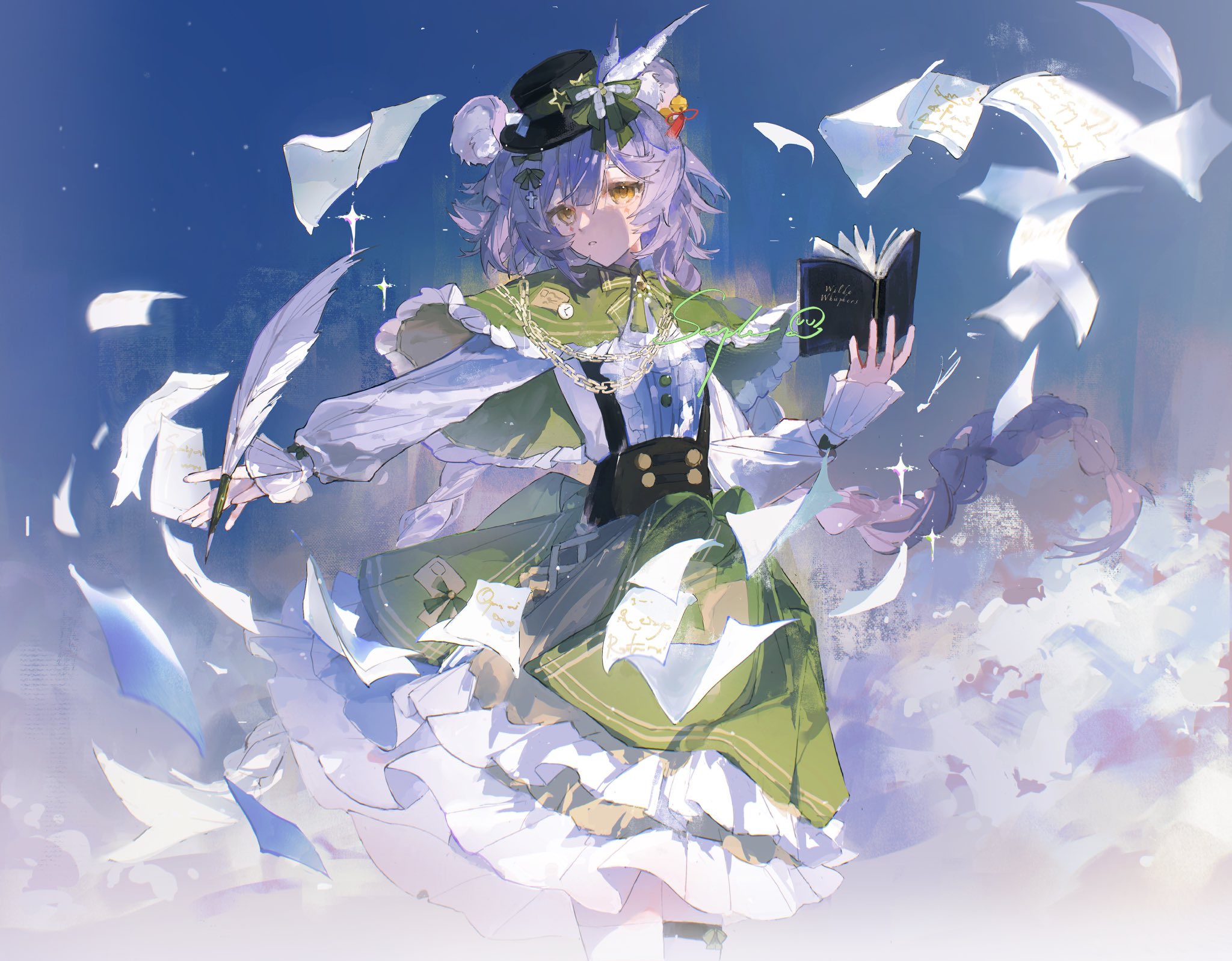eliza 804, original, commission, highres, 1girl, animal ears, book, bow, braid, capelet, cowboy shot, frills, green capelet, green skirt, hair ornament, hat, holding, holding book, long hair, long sleeves, looking at viewer, mouse ears, open book, paper, quill, shirt, single braid, skirt, sky, solo, white shirt, yellow eyes
