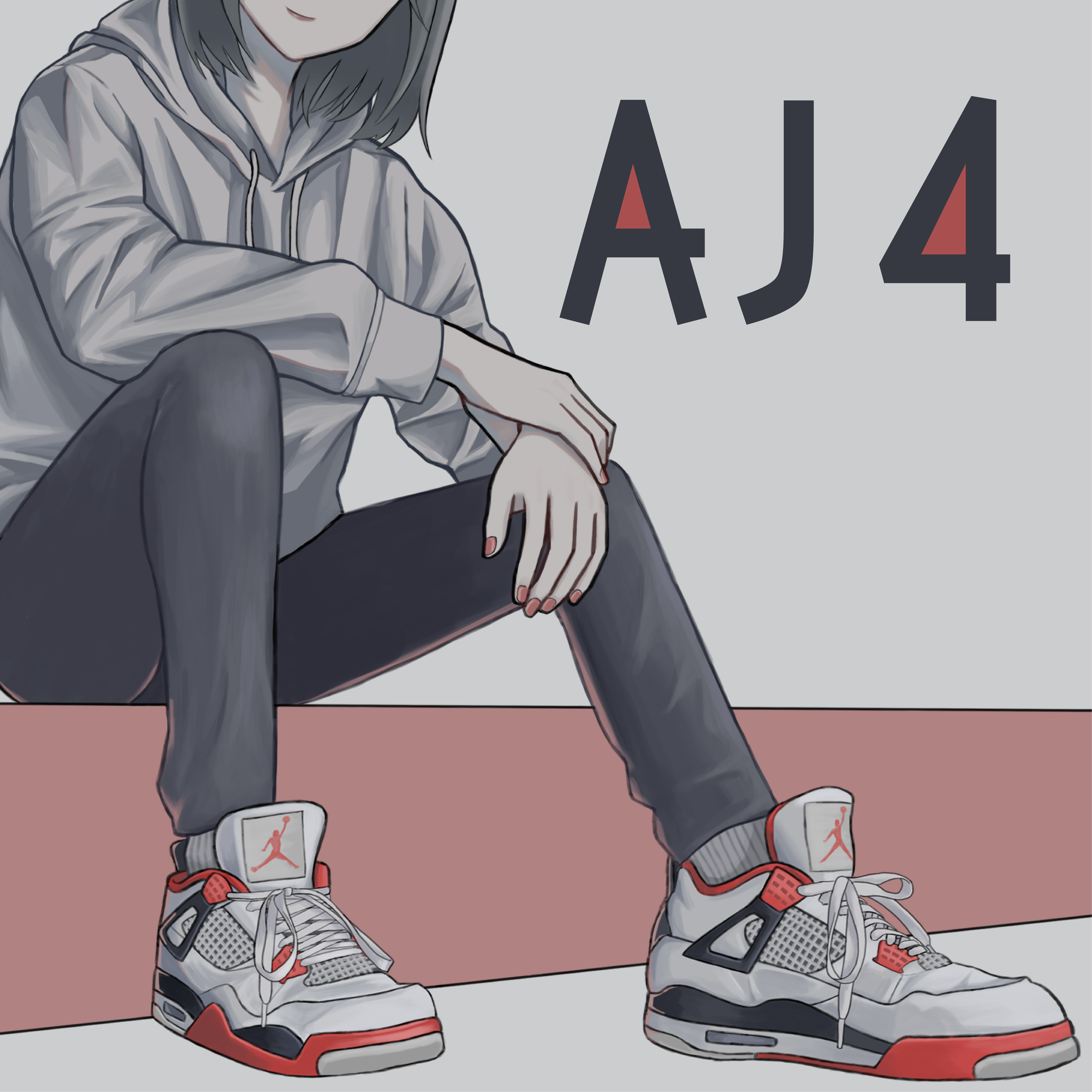 asada asahi, air jordan, air jordan 4, original, absurdres, commentary request, highres, 1girl, black hair, black pants, closed mouth, copyright name, faceless, faceless female, full body, grey background, grey hoodie, hand on own arm, hood, hood down, hoodie, lips, long sleeves, pants, red nails, shoes, sitting, smile, sneakers, solo