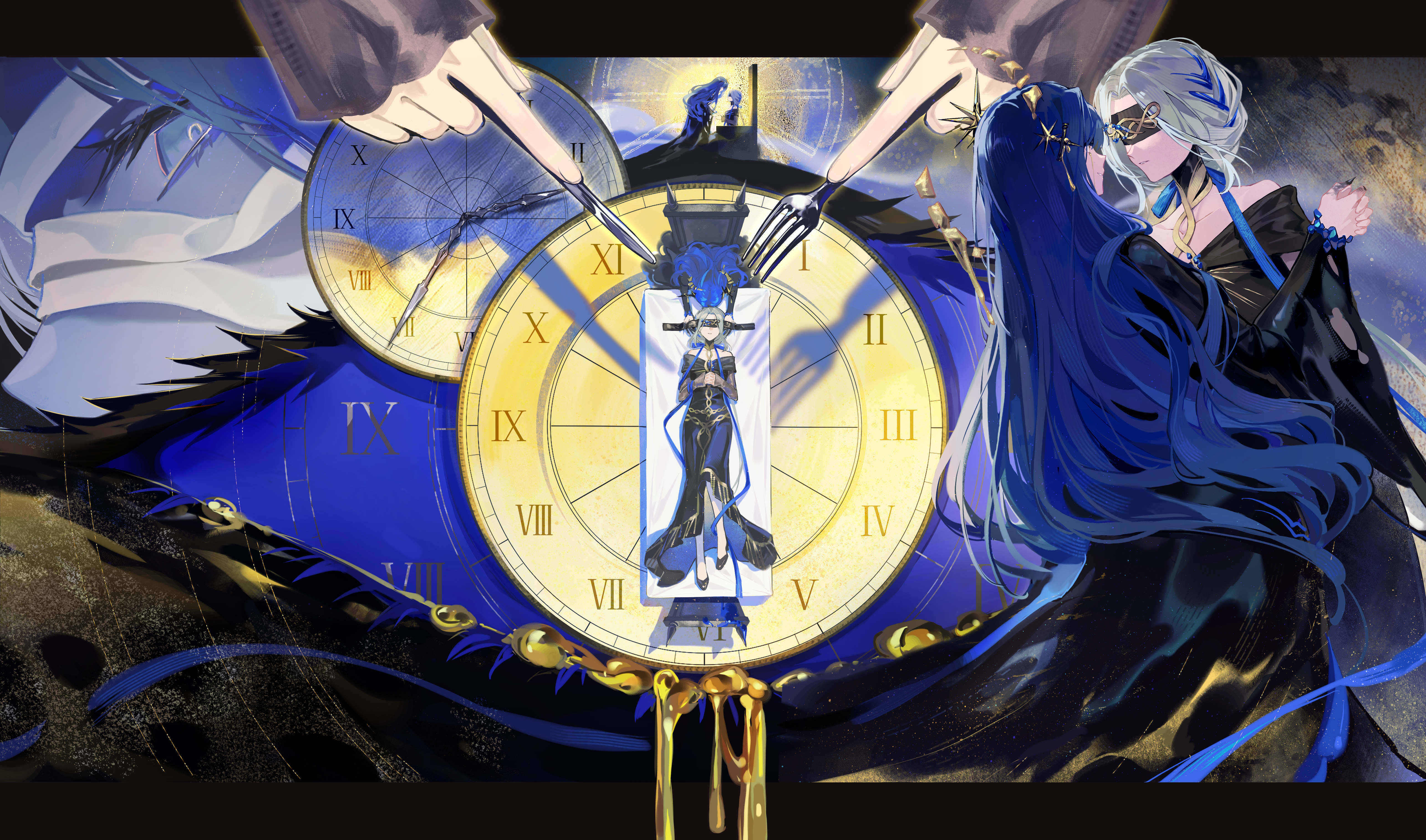 walluka, arcana (paradise regained) (reverse:1999), arcana (reverse:1999), urd (reverse:1999), reverse:1999, absurdres, highres, 2girls, black dress, black shoes, blindfold, blue hair, clock, covered eyes, dress, face-to-face, fork, holding, holding fork, holding hands, holding knife, knife, long hair, lying, multiple girls, multiple views, official alternate costume, on table, roman numeral, shoes, table, very long hair, wand in head