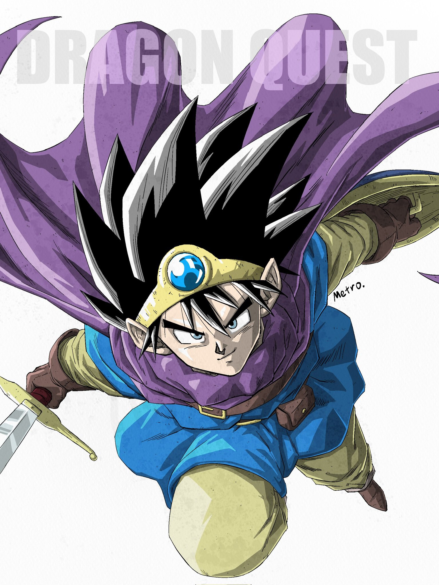 yamuchasiyagatte, dragon quest, character request, copyright request, highres, 1boy, black hair, blue eyes, blue tunic, cape, copyright name, dual wielding, full body, holding, holding shield, holding sword, holding weapon, male focus, pants, purple cape, shield, simple background, solo, spiked hair, sword, tunic, weapon, white background