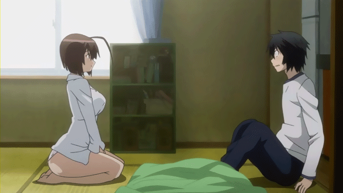 musubi, sahashi minato, sekirei, animated, animated gif, anime screenshot, 00s, 1boy, 1girl, bouncing breasts, breasts, brown hair, large breasts, panties, underwear, undressing