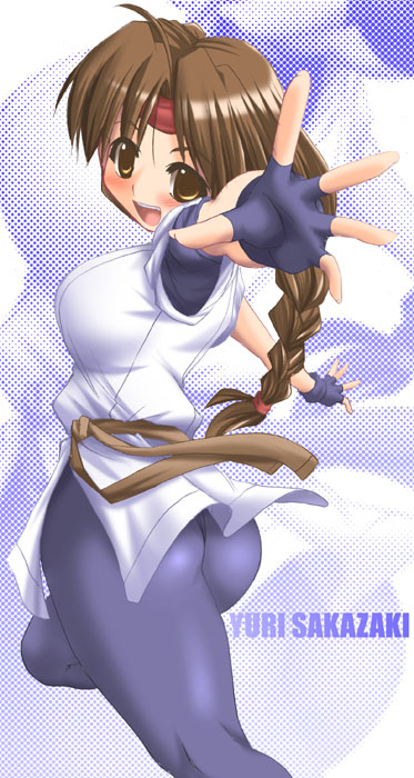 tonpuu, yuri sakazaki, ryuuko no ken, snk, the king of fighters, 1girl, ass, blush, braid, brown eyes, brown hair, dougi, female focus, gloves, headband, long hair, looking back, sash, single braid, solo, spandex, standing, very long hair