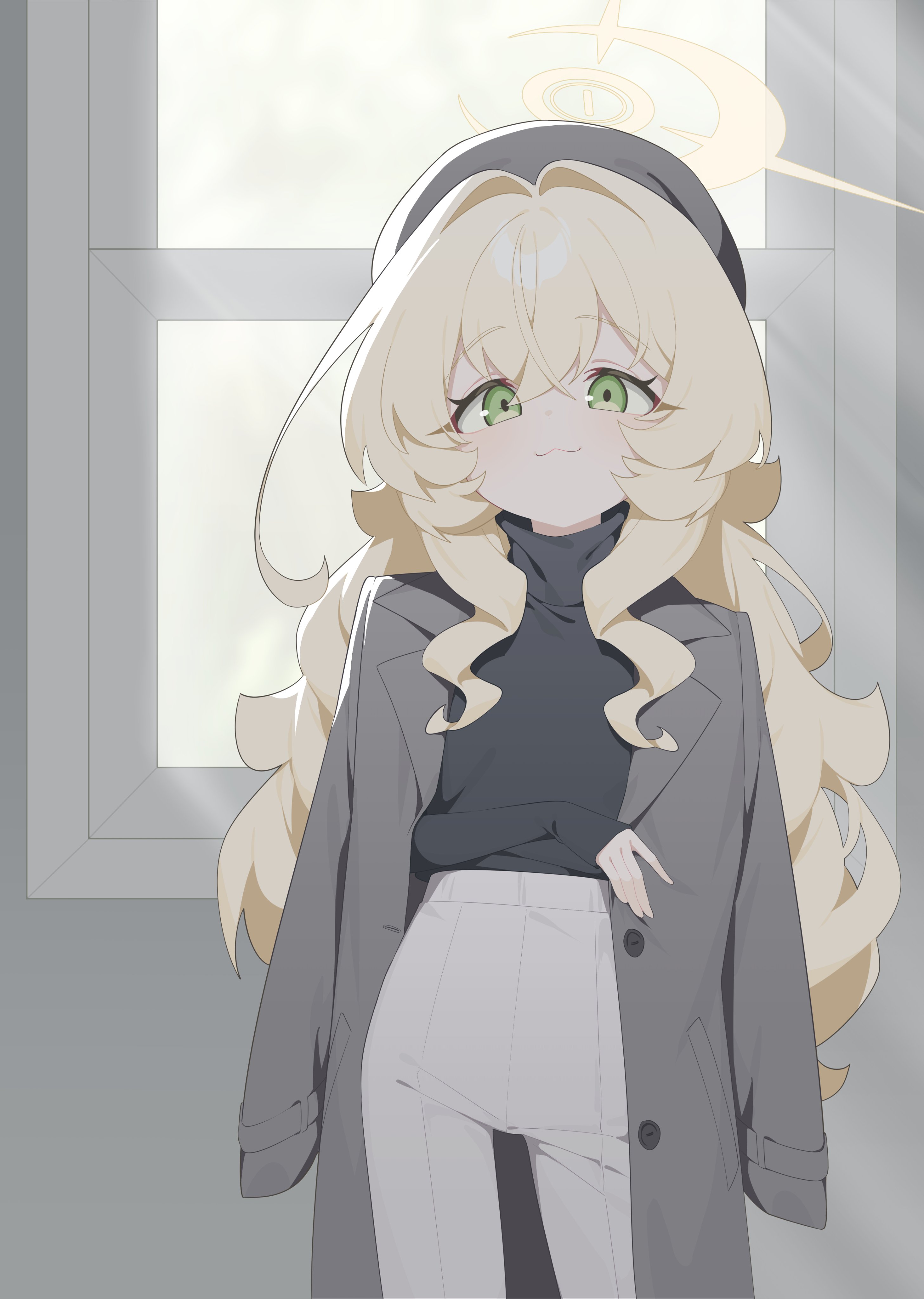 honi (honi1010), professor niyaniya (blue archive), blue archive, absurdres, bad id, bad twitter id, commentary, highres, symbol-only commentary, 1girl, :3, black hat, black shirt, blonde hair, closed mouth, green eyes, grey jacket, grey pants, hair between eyes, halo, hand up, hat, jacket, lapels, long hair, long sleeves, looking at viewer, notched lapels, open clothes, open jacket, pants, shirt, solo, suit jacket, very long hair, yellow halo
