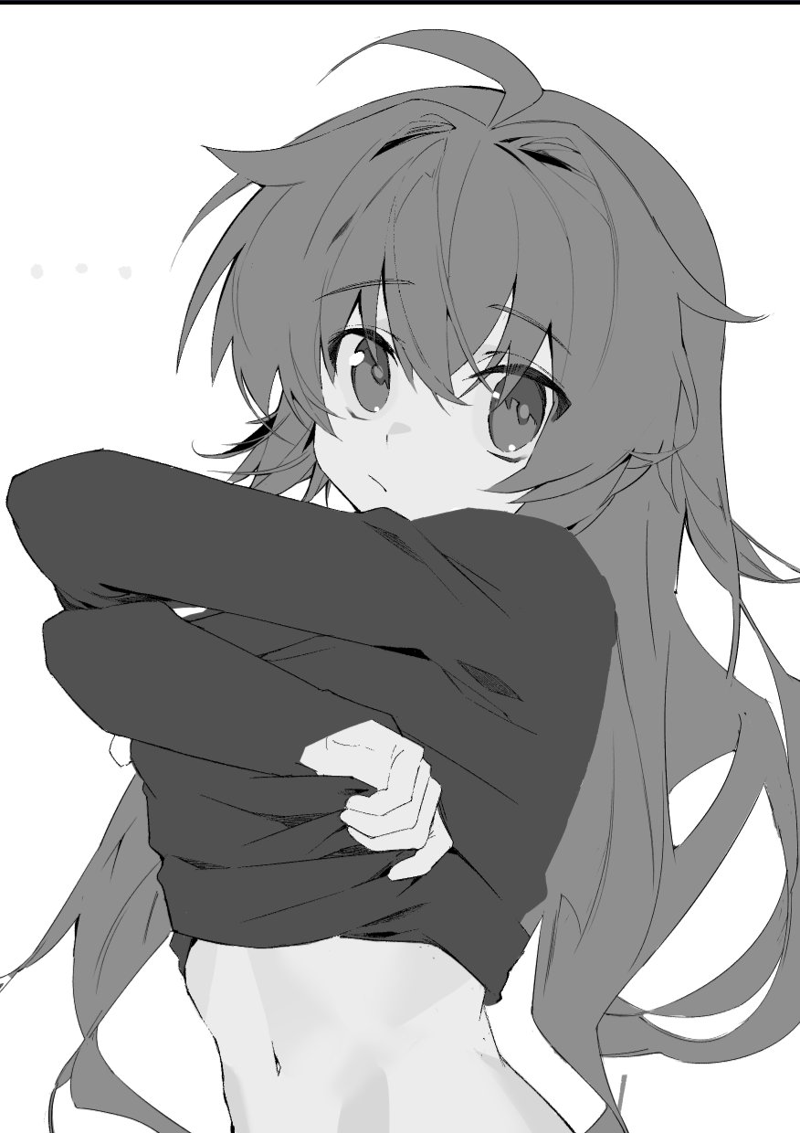 b zhan cm yang, maki (blue archive), maki (camp) (blue archive), blue archive, highres, …, 1girl, ahoge, closed mouth, clothes lift, greyscale, hair between eyes, lifting own clothes, long hair, long sleeves, looking at viewer, monochrome, navel, shirt, shirt lift, simple background, solo, undressing, upper body, white background