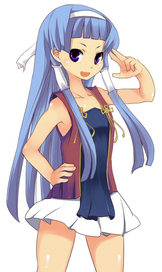 sasago kaze, nagi, kannagi, 00s, 1girl, blunt bangs, female focus, hair tubes, salute, solo, two-finger salute