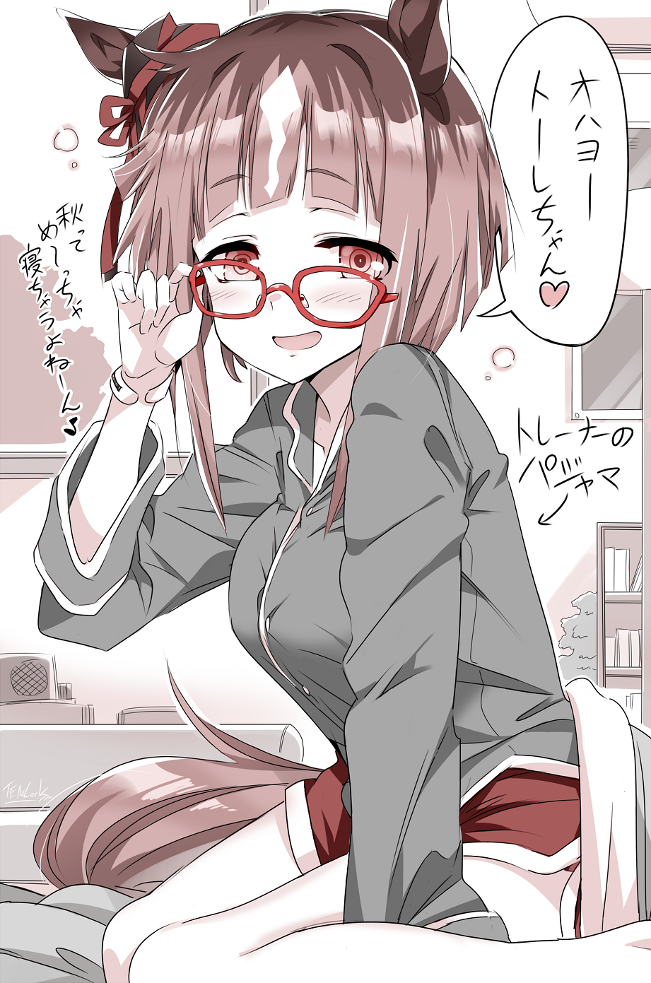 kugimiya atsuki, transcend (umamusume), umamusume, commentary request, highres, translation request, 1girl, :d, adjusting eyewear, animal ears, blush, bow, breasts, brown hair, dolphin shorts, ear ribbon, glasses, grey shirt, horse ears, horse girl, horse tail, indoors, large breasts, looking at viewer, medium hair, on bed, open mouth, red-framed eyewear, red eyes, red ribbon, red shorts, ribbon, shirt, short shorts, shorts, sitting, smile, solo, tail, waking up