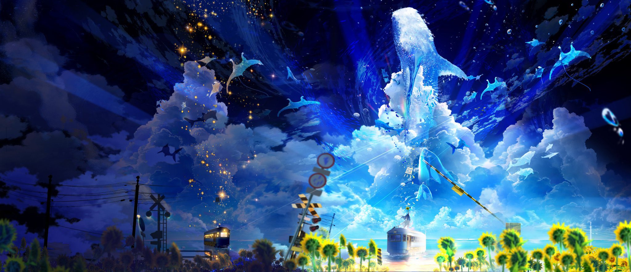 makoron117117, original, highres, 1girl, blurry, bubble, cloud, cumulonimbus cloud, dolphin, field, fish, flower, flower field, flying fish, hat, horizon, night, night sky, ocean, outdoors, railroad crossing, railroad tracks, road sign, scenery, sign, sky, solo, star (sky), star (symbol), starry sky, summer, sunflower, sunflower field, surreal, train, train station, water, whale, wide shot, yellow flower