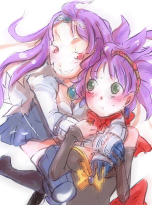dark eclair, eclair (la pucelle), rozalin, sapphire rhodonite, disgaea, la pucelle, makai senki disgaea 2, makai senki disgaea 3, nippon ichi, lowres, 2girls, blush, breasts, company connection, cosplay, dress, earrings, gloves, green eyes, jewelry, long hair, multiple girls, purple hair, red eyes, rozalin (cosplay), sapphire rhodonite (cosplay), smile