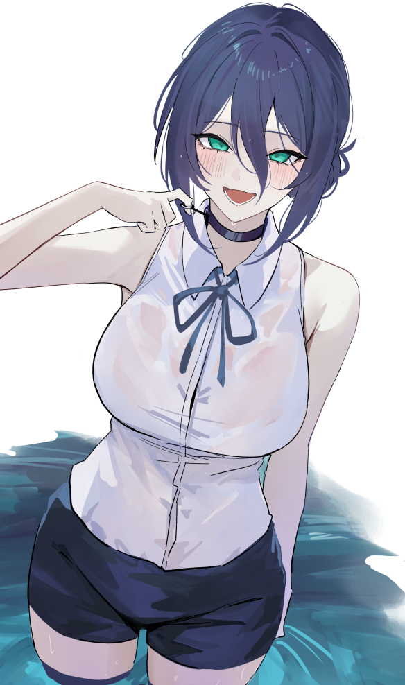 hangetsu15, reze (chainsaw man), chainsaw man, commentary, 1girl, alternate breast size (larger), bare arms, black choker, black shorts, blush, breasts, choker, collared shirt, green eyes, grenade pin, hair between eyes, large breasts, long hair between eyes, looking at viewer, neck ribbon, ribbon, shirt, shorts, sleeveless, sleeveless shirt, smile, solo, wading, wet, wet clothes, wet shirt, white shirt