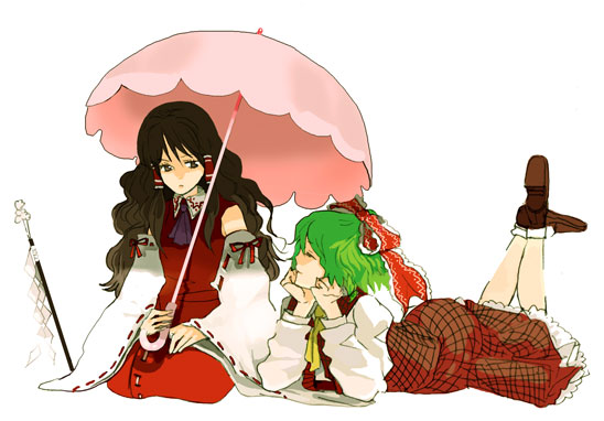 hanamiboshi, maani, hakurei reimu, kazami yuuka, phantasmagoria of flower view, touhou, bad id, bad pixiv id, 2girls, alternate hairstyle, ascot, bow, brown hair, detached sleeves, female focus, gohei, green hair, hair bow, hair down, japanese clothes, long hair, lying, miko, multiple girls, on stomach, oonusa, parasol, plaid clothes, plaid skirt, plaid vest, red eyes, ribbon, shade, short hair, skirt, skirt set, umbrella, vest