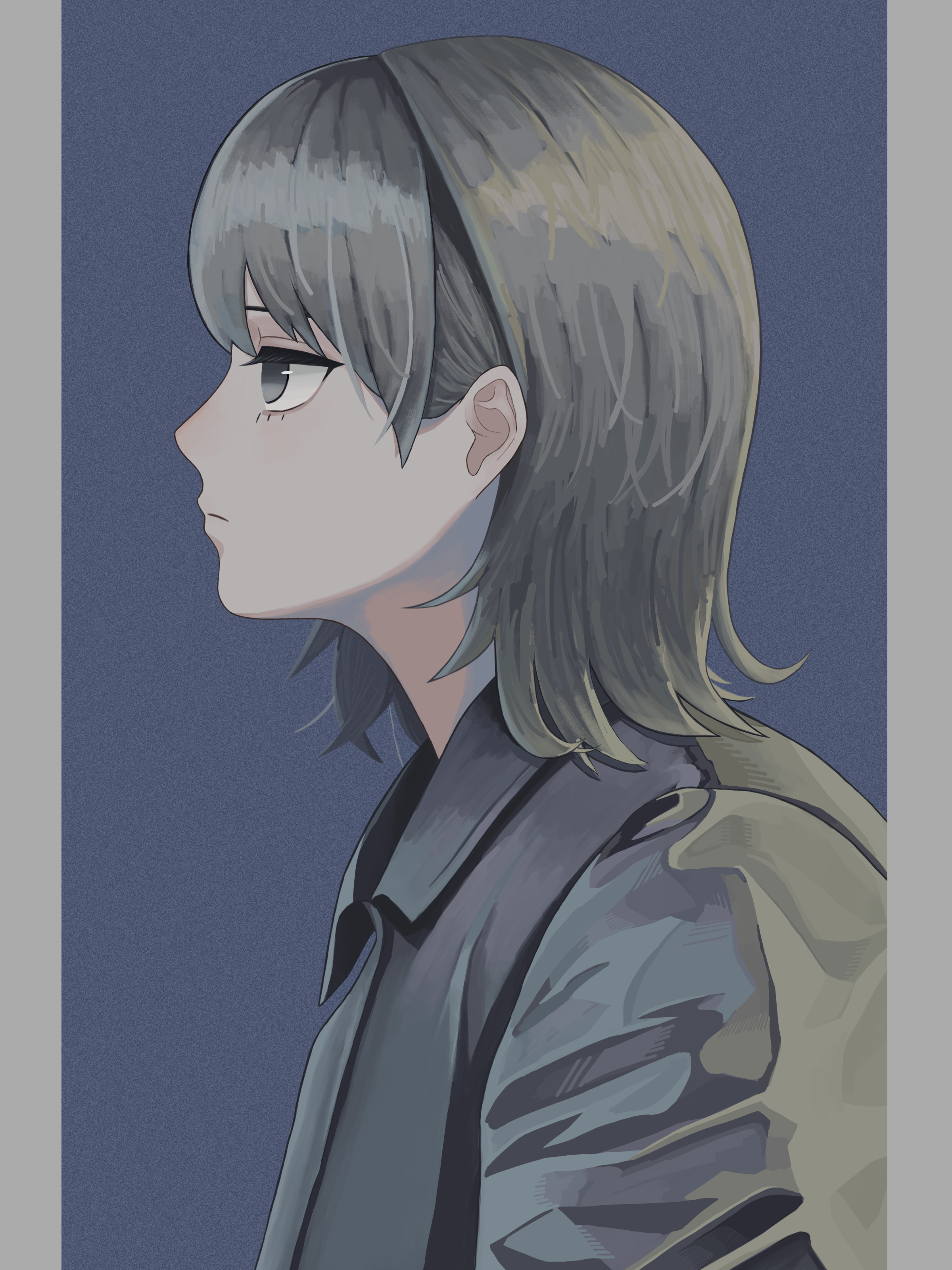asada asahi, original, absurdres, commentary, highres, 1girl, blue background, border, closed mouth, eyelashes, from side, grey border, grey eyes, grey hair, grey jacket, jacket, looking to the side, medium hair, no pupils, nose, portrait, profile, simple background, solo