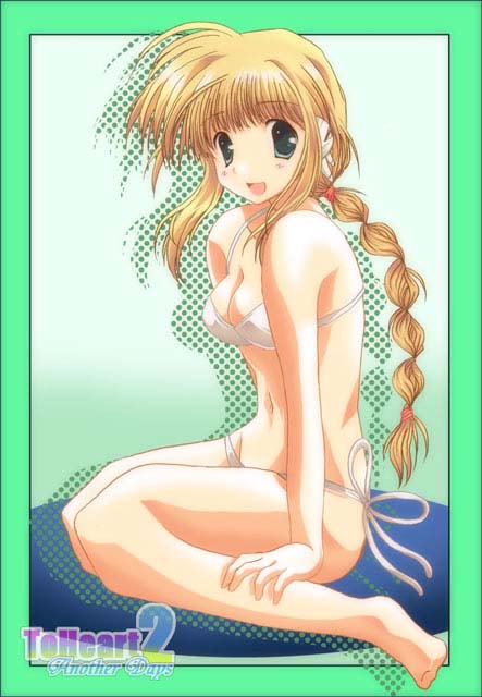 tamaki (diarie inaiinaibaa), tamaki (pixiv149755), silfa (to heart), to heart (series), to heart 2, 00s, barefoot, bikini, blonde hair, braid, green eyes, kneeling, robot ears, solo, swimsuit