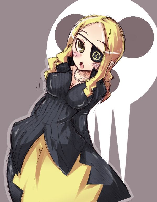 marie mjolnir, soul eater, 00s, 1girl, :o, blonde hair, blush, breasts, cleavage, dress, eyepatch, female focus, medium breasts, solo