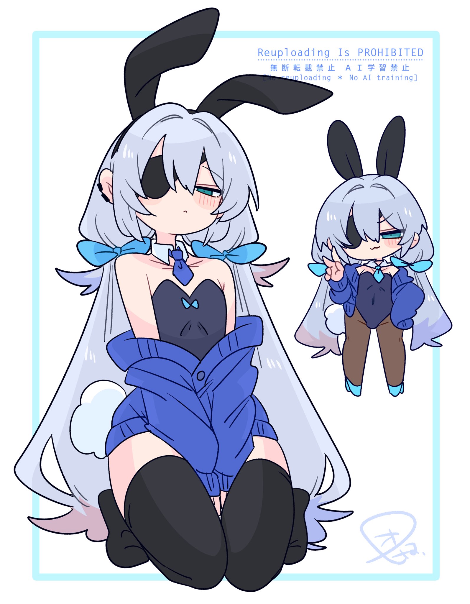 op na yarou, original, commentary, highres, 1boy, :3, animal ear hairband, animal ears, arms between legs, bare shoulders, black hairband, black leotard, black pantyhose, black thighhighs, blue bow, blue cardigan, blue eyes, blue necktie, blue shoes, bow, bulge, cardigan, chibi, collar, collarbone, covered navel, crossdressing, crossdressing (mtf), detached collar, dot pupils, earclip, eyepatch, fake animal ears, fake tail, flipped hair, full body, hair between eyes, hair bow, hair intakes, hairband, hand on own hip, hand up, high heels, highleg, highleg leotard, kneeling, leotard, light frown, long hair, long sleeves, looking at viewer, male focus, male playboy bunny, multiple views, narrowed eyes, necktie, no nose, no shoes, one eye covered, open cardigan, open clothes, pantyhose, playboy bunny, rabbit ear hairband, rabbit ears, rabbit tail, raised eyebrows, rigel (op na yarou), shoes, short necktie, sidelocks, simple background, sleeves past fingers, sleeves past wrists, standing, straight hair, tail, thighhighs, trap, twintails, v, v-shaped eyebrows, v arms, very long hair, watermark, white background, white collar, white hair