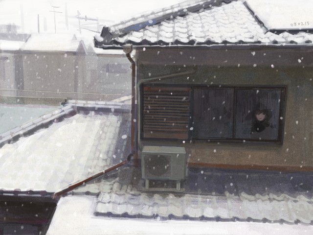 kumaori jun, original, 1girl, cold, female focus, house, snow, solo, winter
