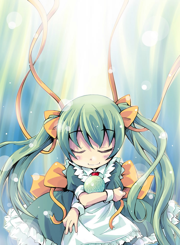 ham (points), melon-chan, melonbooks, eyebrows, 1girl, bow, brooch, crossed arms, female focus, gem, green hair, horns, jewelry, loli, long hair, maid, solo, twintails, very long hair, wrist cuffs, yellow bow