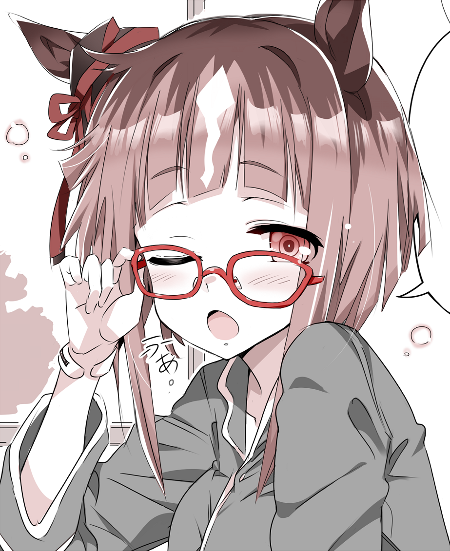 kugimiya atsuki, transcend (umamusume), umamusume, commentary request, translation request, 1girl, ;o, adjusting eyewear, animal ears, blush, bow, breasts, brown hair, ear ribbon, glasses, grey shirt, horse ears, horse girl, large breasts, looking at viewer, medium hair, one eye closed, open mouth, portrait, red-framed eyewear, red eyes, red ribbon, ribbon, shirt, solo, waking up, yawning