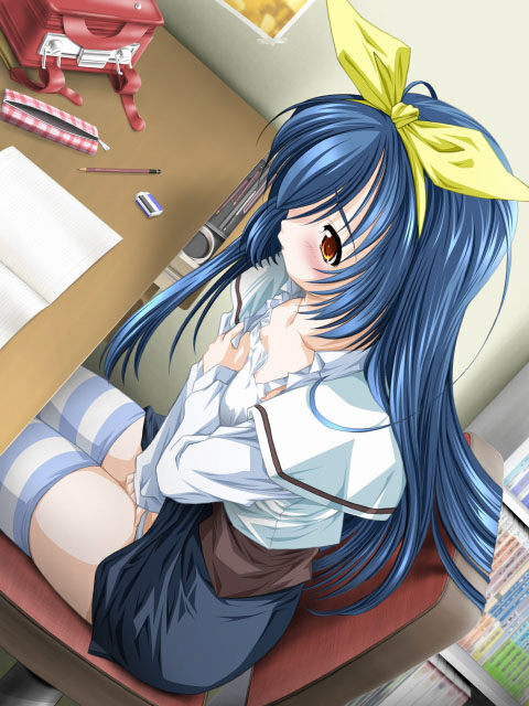 maki yahiro, suga mayuri, bokura ga koko ni iru fushigi., striped, game cg, 1girl, blue hair, bookshelf, breasts, chair, desk, female focus, female masturbation, fingering, grabbing another's breast, grabbing own breast, groping, hair ribbon, long hair, masturbation, on chair, panties, ribbon, school uniform, skirt, solo, thighhighs, underwear, upskirt