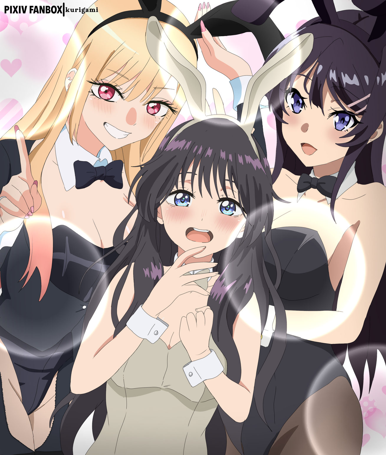 kurigamikun, kitagawa marin, sakurajima mai, waguri kaoruko, cloverworks, kaoru hana wa rin to saku, seishun buta yarou, sono bisque doll wa koi wo suru, commentary, english commentary, highres, 3girls, animal ear hairband, animal ears, black bow, black bowtie, black hair, black jacket, black leotard, black pantyhose, black thighhighs, blonde hair, blue eyes, bow, bowtie, company connection, detached collar, fake animal ears, garter straps, grey leotard, grin, hairband, jacket, lens flare, leotard, long hair, multiple girls, open mouth, pantyhose, playboy bunny, purple eyes, rabbit ears, red eyes, round teeth, season connection, smile, strapless, strapless leotard, teeth, thighhighs, upper teeth only, wrist cuffs