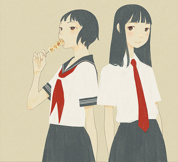 kumaori jun, original, 2girls, dango, eating, food, long hair, multiple girls, muted color, necktie, pleated skirt, school uniform, serafuku, short hair, skewer, skirt, wagashi
