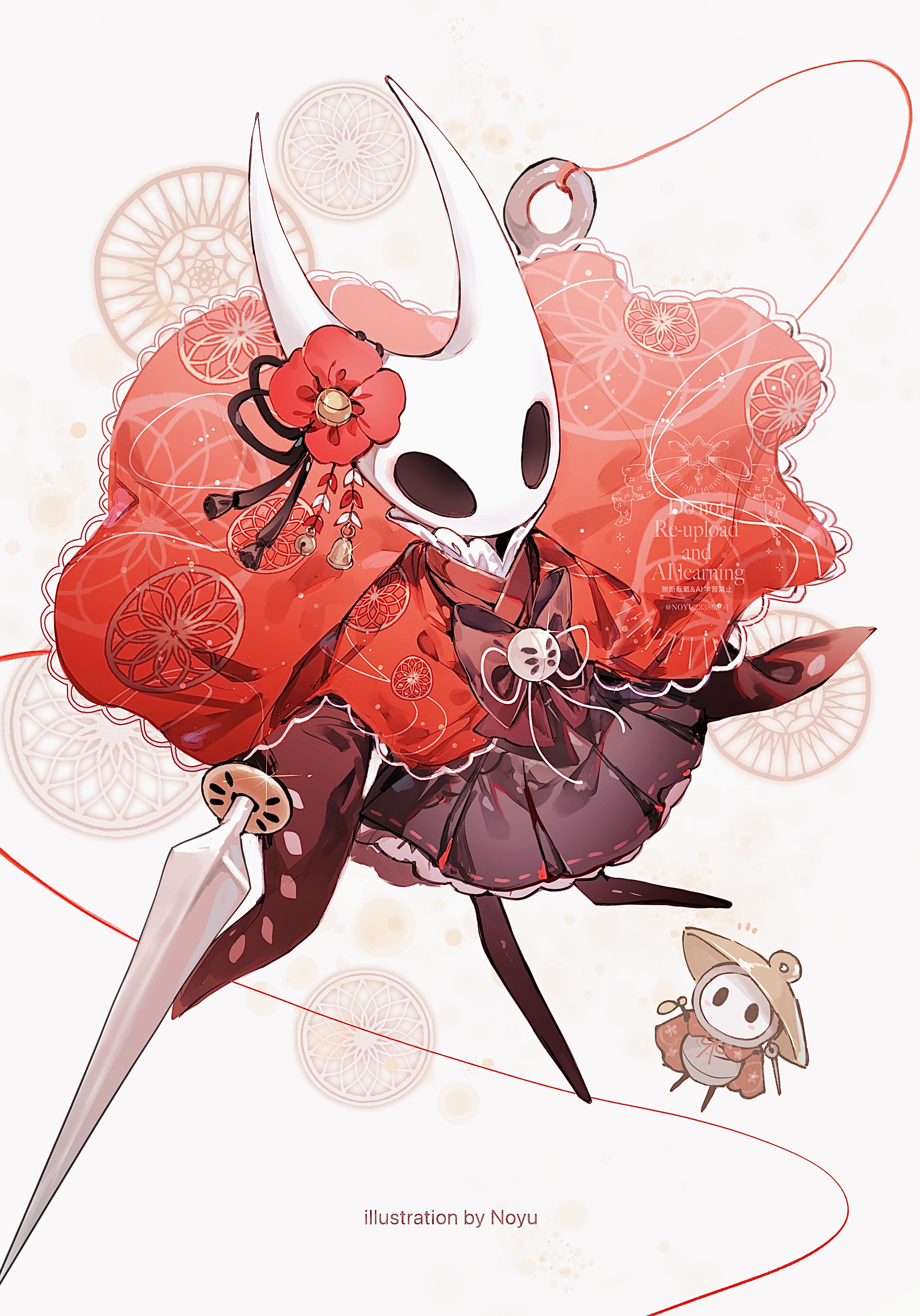 noyu (noyu23386566), hornet (hollow knight), sherma (hollow knight), hollow knight, hollow knight: silksong, absurdres, highres, 1girl, 1other, bow, flower, full body, hair flower, hair ornament, holding, holding needle, holding sword, holding weapon, hollow eyes, horns, japanese clothes, kimono, needle, sewing needle, string, sword, thread, weapon