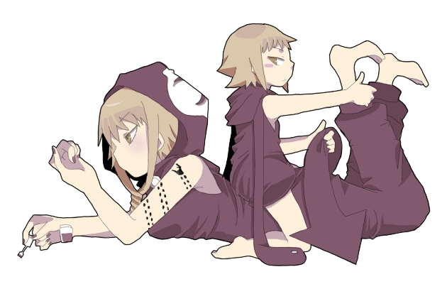 medusa gorgon, rachel boyd, soul eater, artist request, 00s, 2girls, barefoot, blonde hair, blush, child, corruption, cosplay, dark persona, dual persona, feet, frown, medusa gorgon (cosplay), multiple girls, nail polish, possessed, possession, tattoo, time paradox