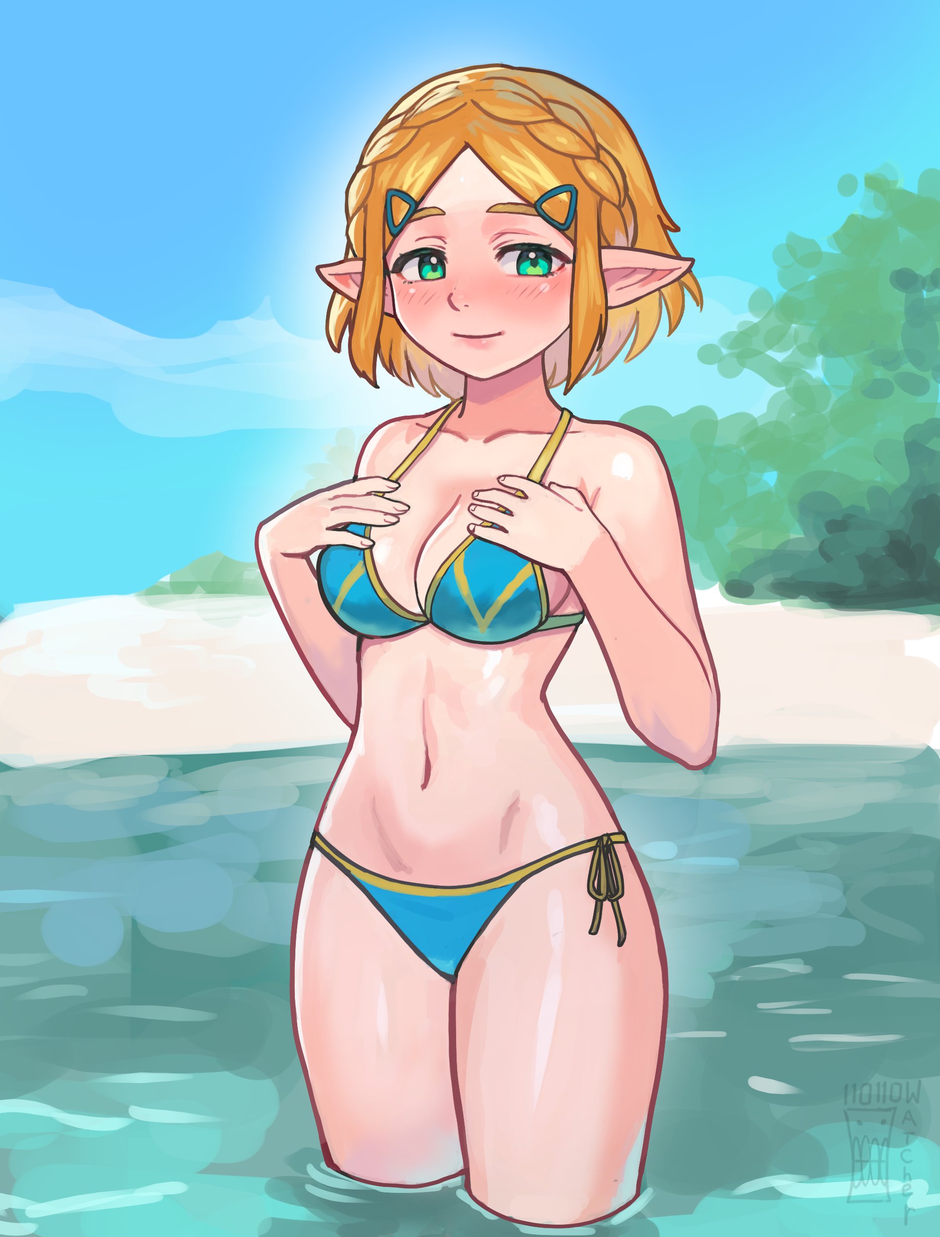 watcher hollow, princess zelda, nintendo, the legend of zelda, absurdres, commentary, english commentary, highres, 1girl, aqua eyes, bare arms, bare shoulders, beach, bikini, blonde hair, blue bikini, blush, braid, breasts, cleavage, collarbone, crown braid, day, groin, hair ornament, hairclip, hands on own chest, looking at viewer, medium breasts, navel, outdoors, parted bangs, pointy ears, short hair, side-tie bikini bottom, smile, solo, stomach, swimsuit, wading, water