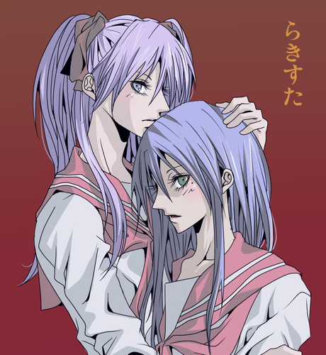 kudou saori, nineth, hiiragi kagami, izumi konata, lucky star, bad id, bad pixiv id, lowres, 00s, 2girls, mole, mole under eye, multiple girls, school uniform, serafuku