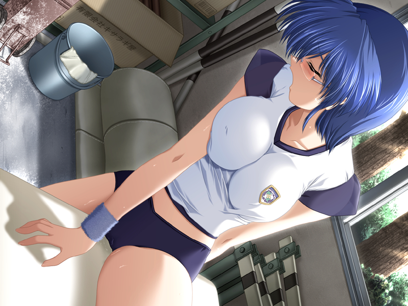 aoi hatori, cecilia (caliz), caliz, game cg, 1girl, :o, arm behind back, arm support, blue hair, blush, box, breasts, breasts squeezed together, bucket, buruma, bush, cardboard box, closed eyes, clothed masturbation, collarbone, crotch rub, day, dutch angle, emblem, female focus, female masturbation, fur trim, glasses, gym storeroom, gym uniform, impossible clothes, impossible shirt, indoors, large breasts, masturbation, mat, midriff, moaning, open mouth, profile, raglan sleeves, raised eyebrows, rectangular eyewear, rimless eyewear, shadow, shirt, short hair, short sleeves, solo, straddling, sunlight, sweat, table humping, thighs, tree, white shirt, wince, window, wristband