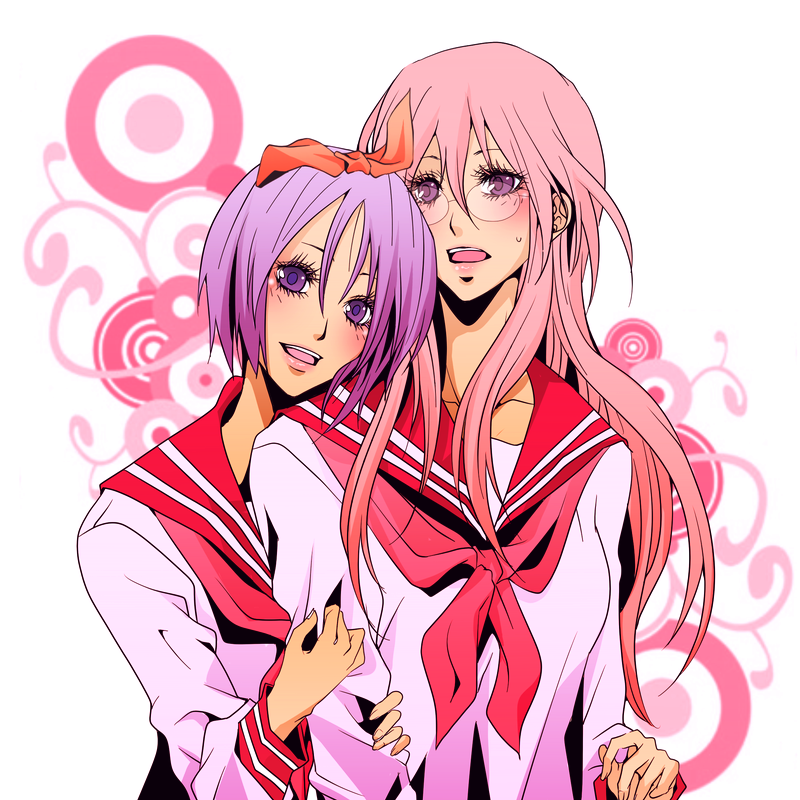 kudou saori, nineth, hiiragi tsukasa, takara miyuki, lucky star, tall, bad id, bad pixiv id, 00s, 2girls, eyelashes, glasses, hair ribbon, hug, multiple girls, pink hair, purple eyes, purple hair, ribbon, school uniform, serafuku