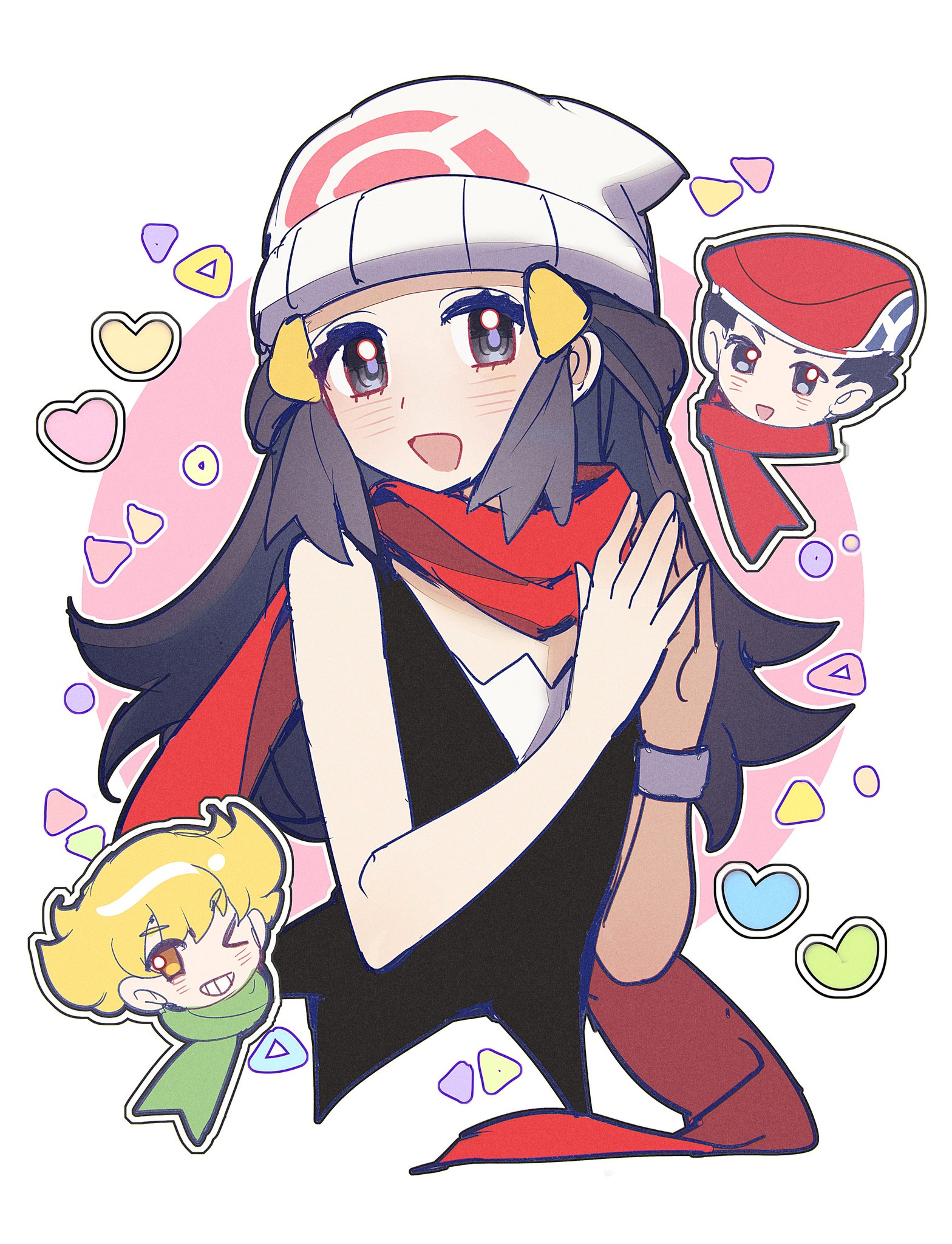 pkm lemon, barry (pokemon), dawn (pokemon), lucas (pokemon), nintendo, pokemon, pokemon dppt, commentary, highres, symbol-only commentary, 1girl, 2boys, :d, black eyes, black hair, black shirt, blonde hair, green scarf, hair ornament, hairclip, hat, long hair, looking at viewer, multiple boys, open mouth, red hat, red scarf, scarf, shirt, short hair, sleeveless, sleeveless shirt, smile, solo focus, steepled fingers, white hat