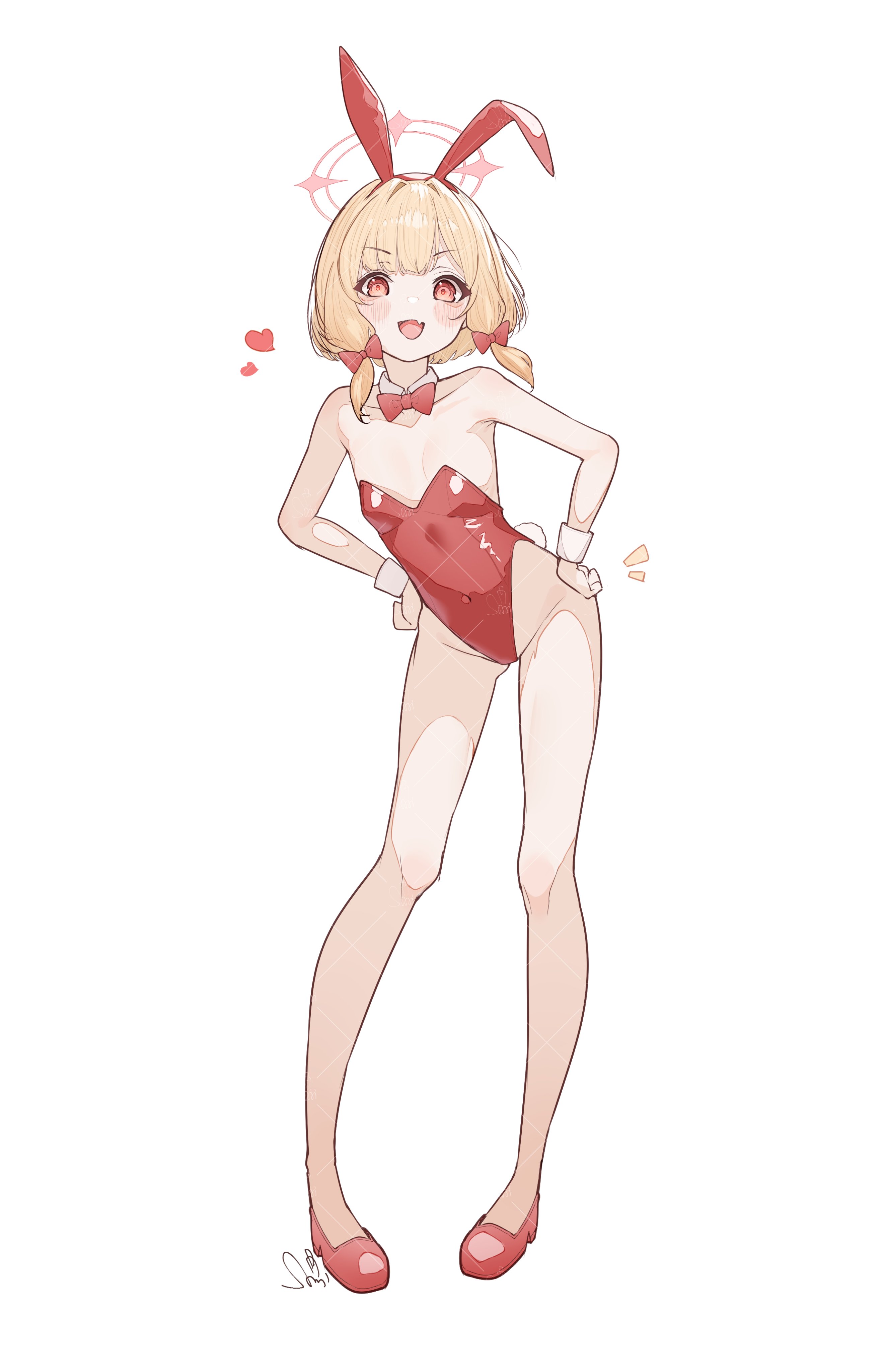 tachibana shiori (suica 112), momoi (blue archive), blue archive, absurdres, highres, 1girl, alternate costume, animal ears, bare legs, bare shoulders, blonde hair, blush, bow, bowtie, breasts, detached collar, fake animal ears, fake tail, full body, hair bow, halo, hands on own hips, heart, leotard, looking at viewer, open mouth, pink halo, playboy bunny, rabbit ears, rabbit tail, red bow, red bowtie, red eyes, red leotard, red shoes, shoes, short hair, simple background, small breasts, smile, solo, strapless, strapless leotard, tail, white background, wrist cuffs