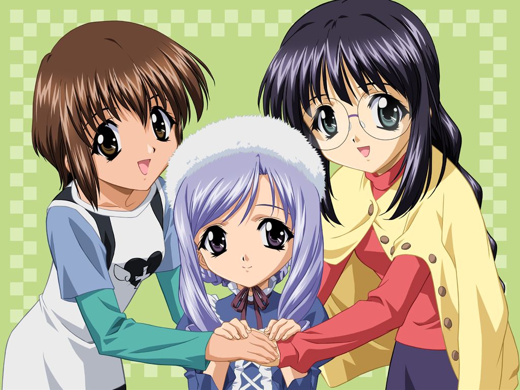 aria (sister princess), mamoru (sister princess), marie (sister princess), sister princess, non-web source, 00s, 3girls, :d, braid, buttons, glasses, green background, long hair, long sleeves, looking at viewer, multiple girls, open mouth, poncho, rimless eyewear, round teeth, simple background, single braid, smile, teeth, very long hair, winter clothes