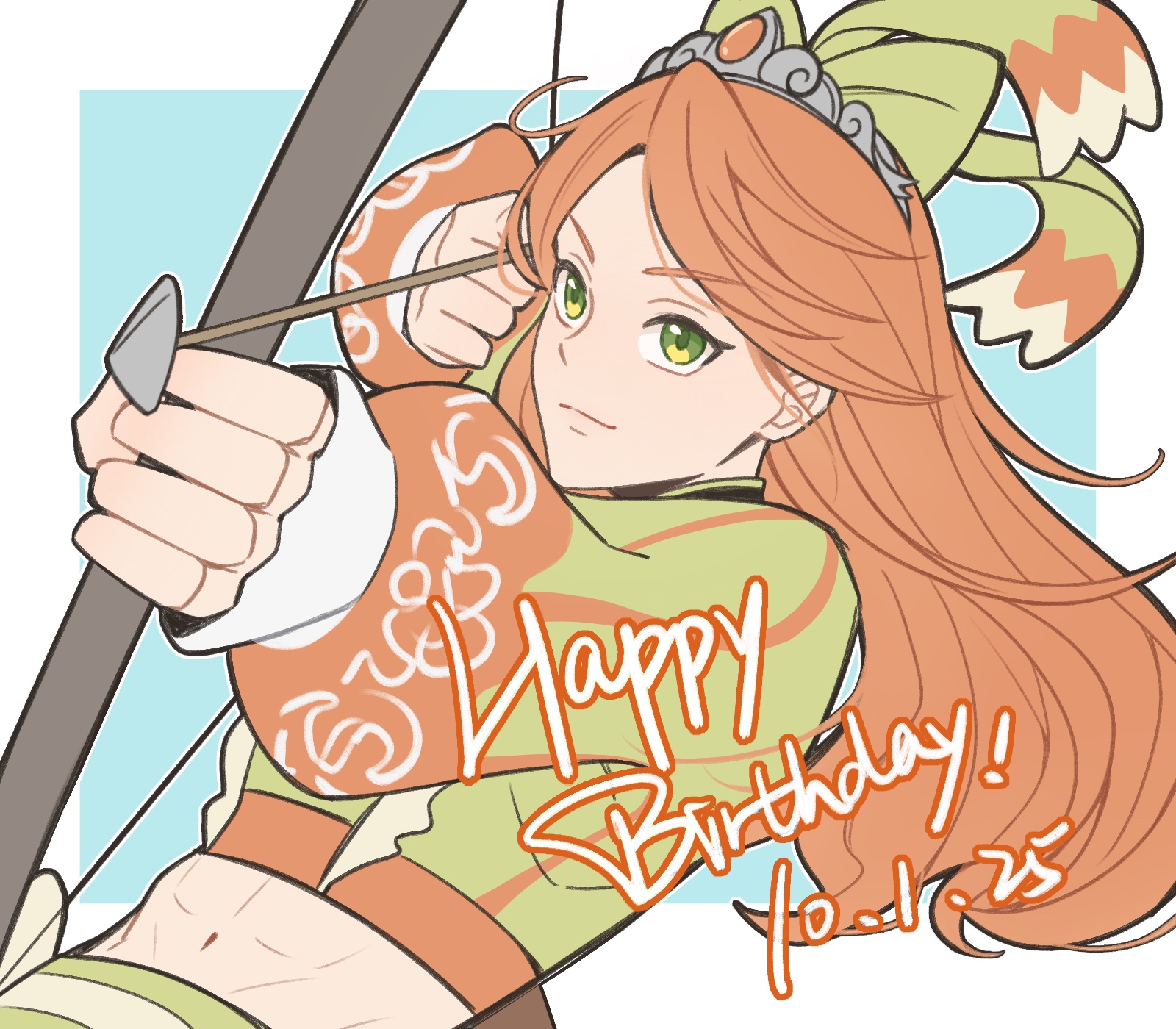 fumiko (290976767), etie (fire emblem), fire emblem, fire emblem engage, nintendo, highres, 1girl, abs, arrow (projectile), bow, bow (weapon), closed mouth, dated, green bow, green eyes, green shirt, hair bow, happy birthday, holding, holding arrow, holding bow (weapon), holding weapon, long hair, long sleeves, midriff, orange hair, shirt, smile, solo, tiara, upper body, weapon