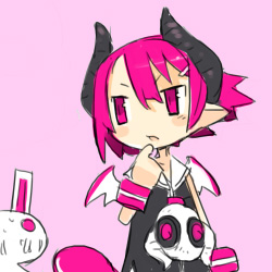 harada takehito, raspberyl, disgaea, makai senki disgaea 3, nippon ichi, lowres, 1girl, female focus, horns, pink background, pink eyes, pink hair, pink theme, rabbit, skull, solo, wings