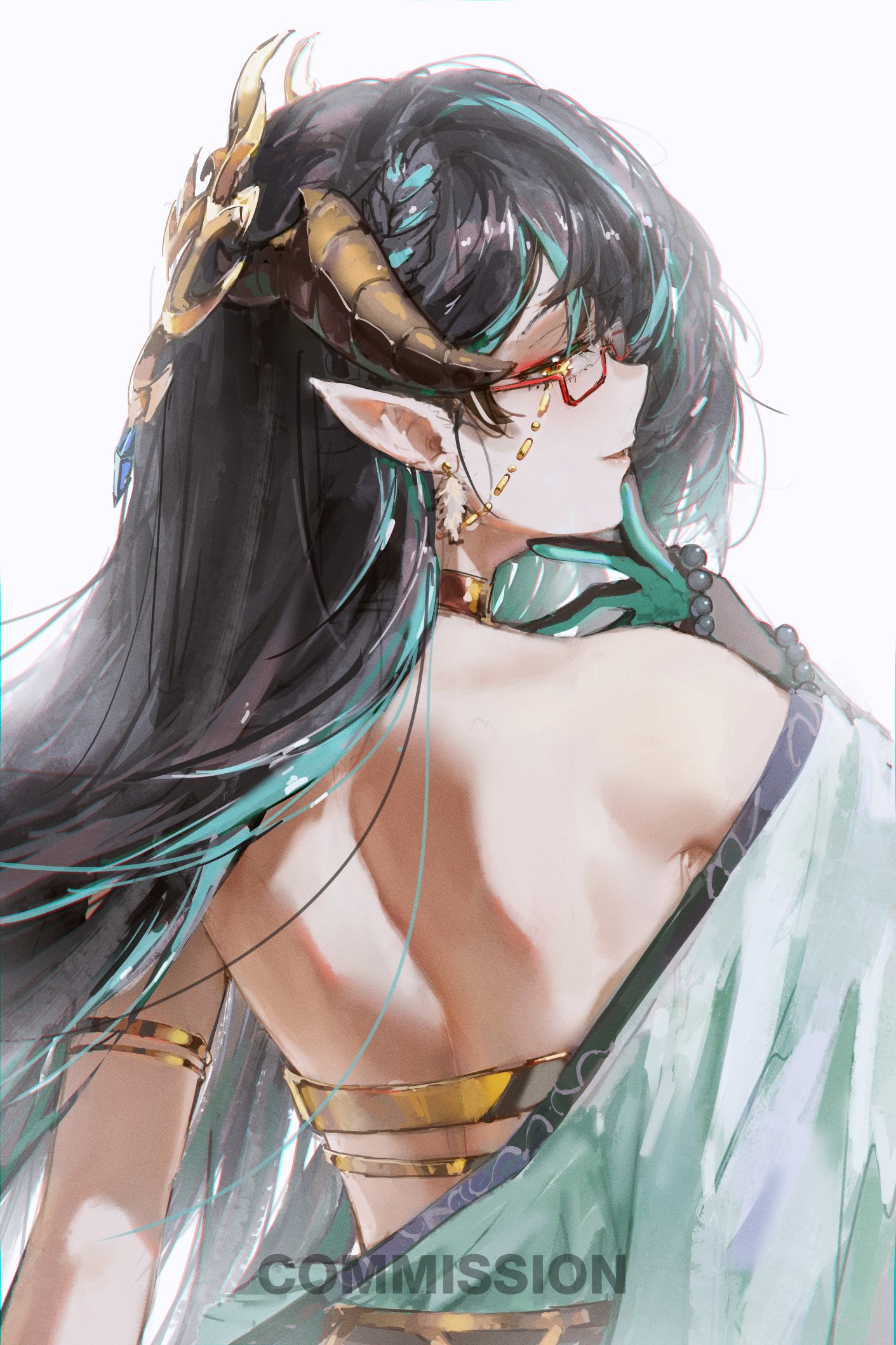 gandy (gan3e46), original, commentary, commission, highres, aqua gloves, aqua hair, arm strap, arm up, back, bare back, bare shoulders, black gloves, black hair, brown eyes, brown horns, earrings, from behind, glasses, gloves, gold choker, horns, jewelry, long hair, looking at viewer, multicolored hair, parted lips, pointy ears, red-framed eyewear, simple background, streaked hair, two-tone hair, upper body, white background