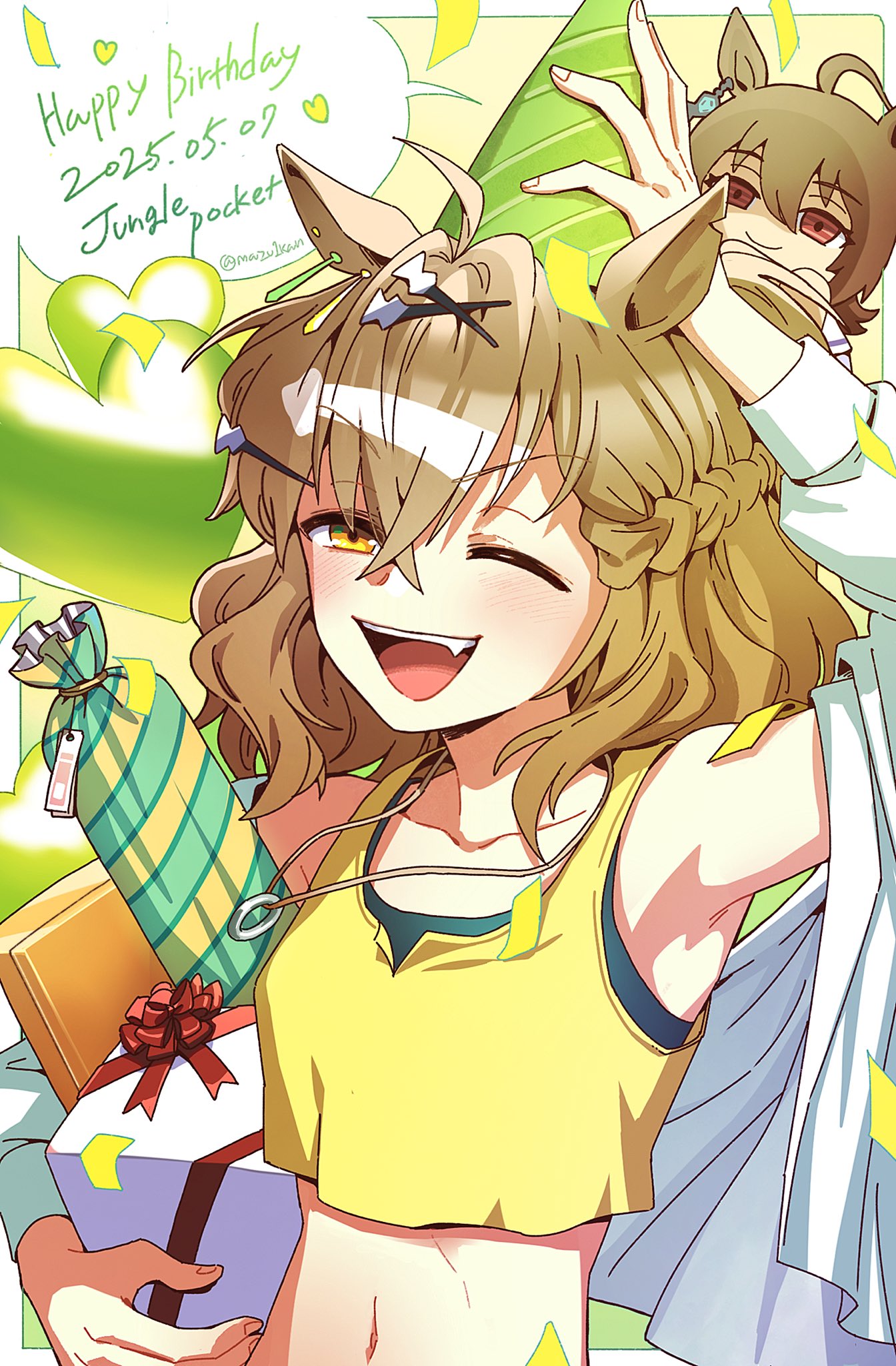 mazu1kan, agnes tachyon (umamusume), jungle pocket (umamusume), umamusume, commentary request, highres, 2girls, arm up, armpit focus, armpits, artist name, balloon, blush, brown hair, character name, closed mouth, collarbone, crop top, cropped shirt, crossed bangs, dated commentary, english text, fang, gift, green hat, green sports bra, hair between eyes, hair ornament, happy, happy birthday, hat, heart balloon, holding, holding gift, jacket, long bangs, long sleeves, medium hair, midriff, multiple girls, navel, one eye closed, open clothes, open jacket, open mouth, party hat, red eyes, shirt, sleeveless, sleeveless shirt, smile, solo focus, speech bubble, sports bra, sports bra peek, v-shaped eyebrows, white jacket, yellow eyes, yellow shirt