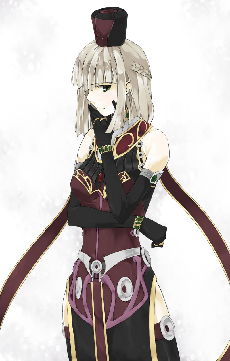 rr (pixiv377143), rr (rr2), allure queen, allure queen lv5, yu-gi-oh!, yu-gi-oh! duel monsters, highres, 1girl, bare shoulders, black gloves, black thighhighs, blonde hair, bracelert, braid, breasts, duel monster, elbow gloves, female focus, gloves, green eyes, hat, jewelry, looking at viewer, profile, ring, short hair, simple background, sleeveless, solo, standing, thighhighs, thinking, turtleneck, white background