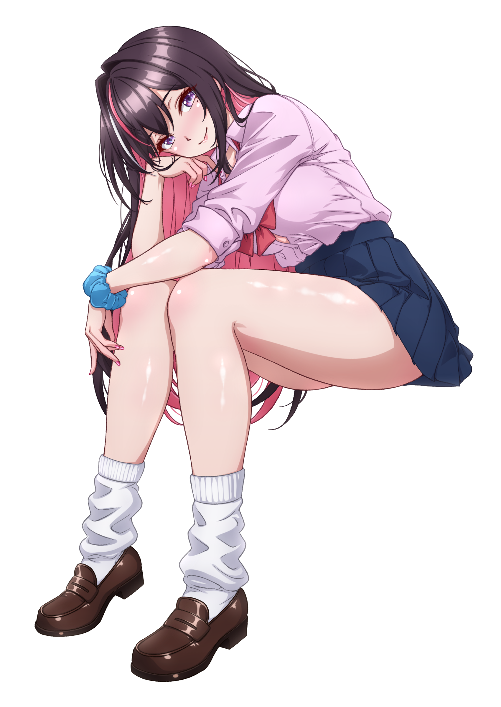 p-nekoe, azki (hololive), hololive, absurdres, highres, 1girl, black skirt, brown shoes, closed mouth, colored inner hair, long hair, looking at viewer, mole, mole under eye, multicolored hair, pink hair, pink shirt, pleated skirt, shirt, shoes, simple background, sitting, skirt, smile, socks, solo, thighs, two-tone hair, virtual youtuber, white background, white socks