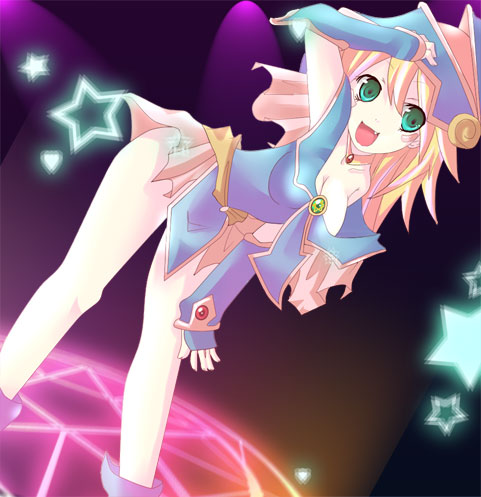 eema, dark magician girl, yu-gi-oh!, yu-gi-oh! duel monsters, lowres, 1girl, blonde hair, blush, breasts, cleavage, duel monster, fang, female focus, gloves, green eyes, hat, leotard, long hair, open mouth, pentacle, skirt, solo, witch hat, wizard hat