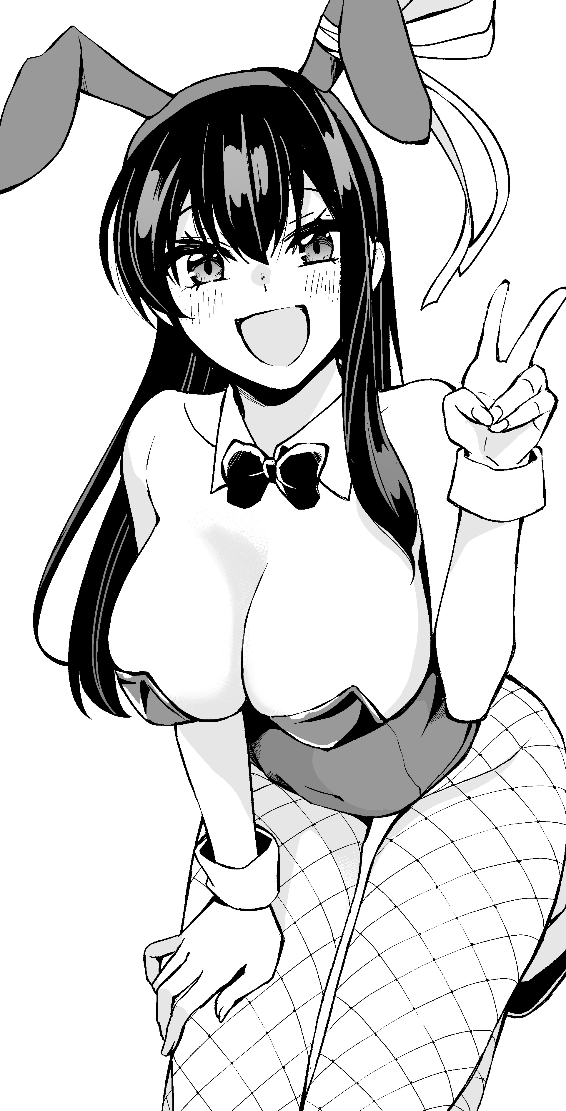 orange lili, ojou kotone, hajimete no ojou-sama, absurdres, commentary request, highres, 1girl, animal ear hairband, animal ears, bow, bowtie, breasts, cleavage, detached collar, fake animal ears, fishnet hiphighs, fishnets, greyscale, hair between eyes, hairband, hand on own thigh, hand up, hiphighs, large breasts, leaning forward, leotard, long bangs, long hair, looking at viewer, monochrome, open mouth, rabbit ear hairband, rabbit ears, smile, solo, straight hair, v, wrist cuffs