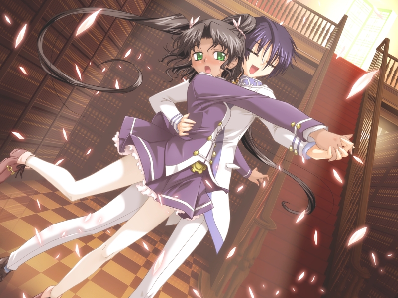 koume keito, aisha scarlet yang, anri anriette, sapphism no gensou, game cg, 2girls, blue hair, blush, brown hair, closed eyes, dancing, dark-skinned female, dark skin, green eyes, holding hands, interlocked fingers, multiple girls, pantyhose, petals, petticoat, twintails, white pantyhose