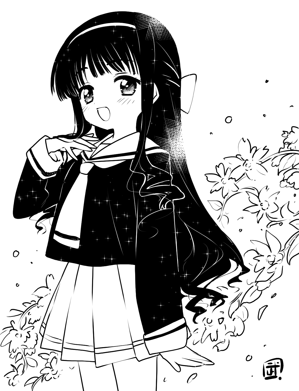 take shinobu, daidouji tomoyo, cardcaptor sakura, highres, 1girl, :d, blush, long hair, long sleeves, looking at viewer, monochrome, necktie, open mouth, pleated skirt, sailor collar, school uniform, serafuku, shirt, skirt, smile, solo, tomoeda elementary school uniform